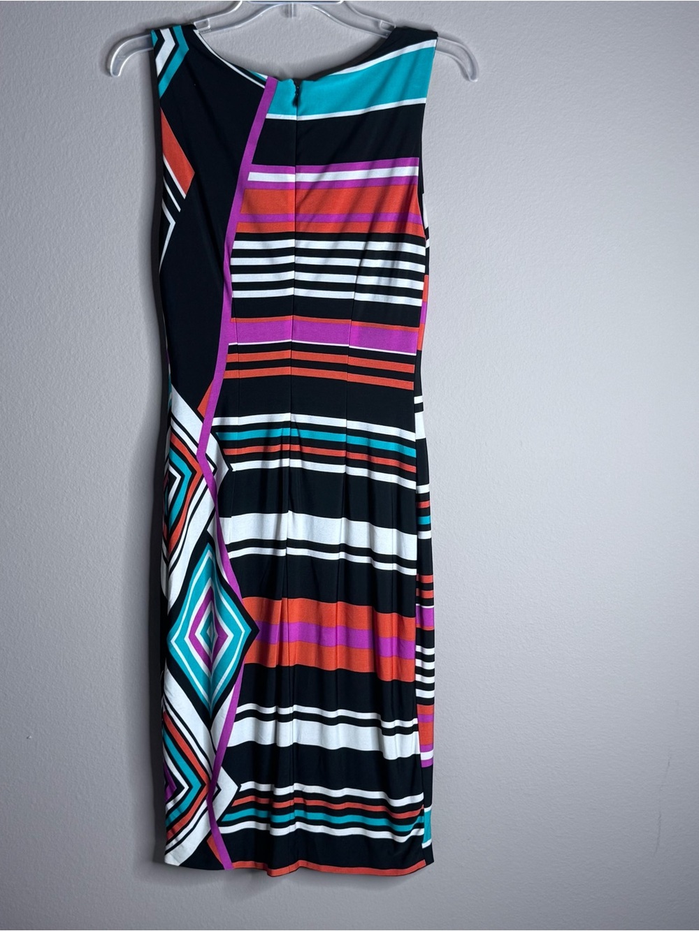 Caché Sleeveless Midi Sheath Geometric Asymmetrical Striped Pattern Dress Sz 4 - Picture 6 of 9